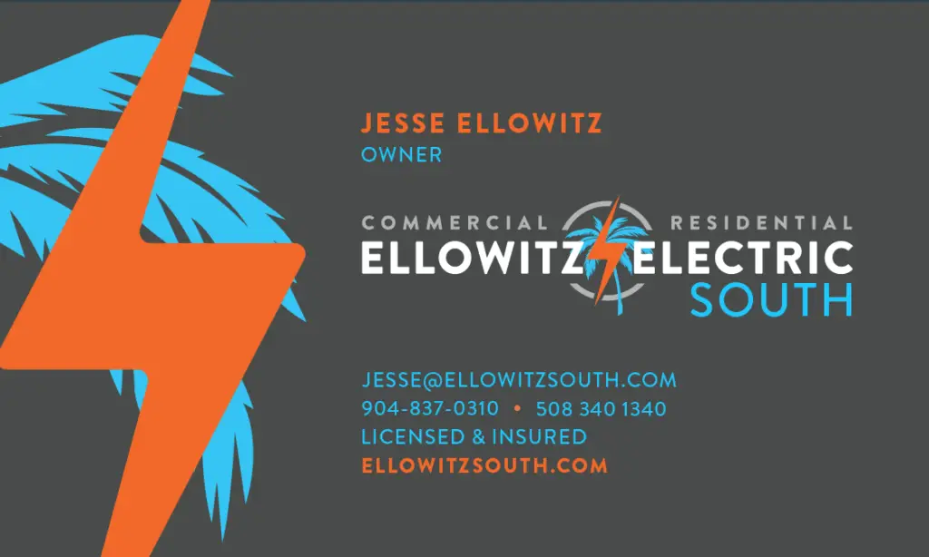 Business card for Jesse Ellowitz, a licensed electrician in St. Augustine FL, owner of Ellowitz Electric South