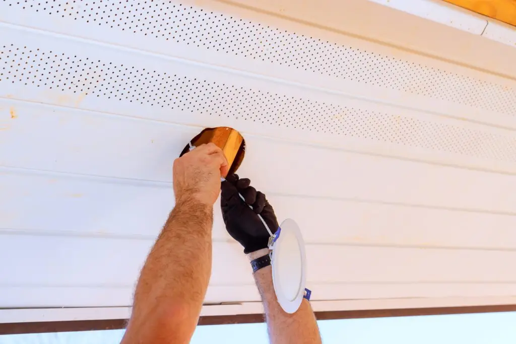 Electrician wearing gloves ceiling light fixture with standing on ladder outside